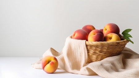 Fresh peaches in a wicker basket on a white background.の素材