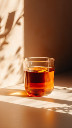 A glass of black tea with a slice of orange in the rays of sunlight.の素材