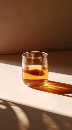 Glass of whiskey on a white background. Sunlight and shadows.の素材