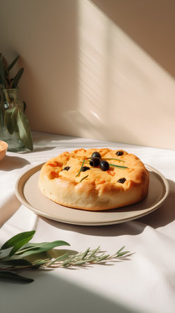 Focaccia with olives and rosemary on a light backgroundの素材