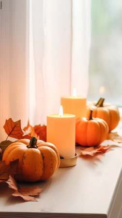Autumn still life with pumpkins, candles and leaves on windowsillの素材