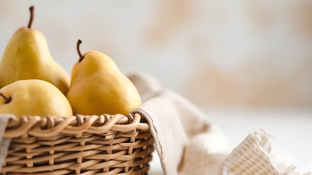 Ripe yellow pears in a wicker basket on a light backgroundの素材
