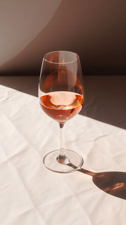 glass of rose wine on a white table in the sun with shadowsの素材