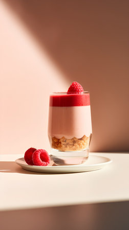 Panna cotta with raspberries in a glass on a light backgroundの素材