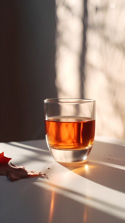 A glass of black tea on a white table in a sunlight.の素材