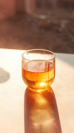 A glass of tea on the table in the rays of sunlight.の素材