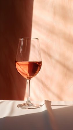 A glass of rose wine on a white table with a shadow from the windowの素材