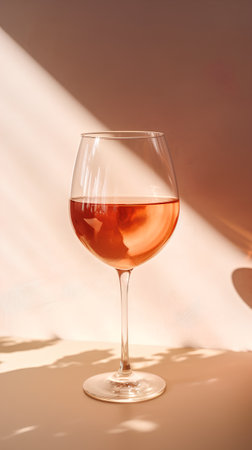 A glass of rose wine on a beige background with shadows.の素材