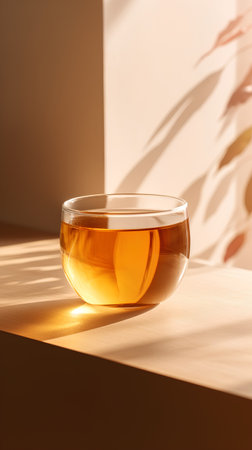 Glass bowl of honey on table with sunlight and shadows. 3d renderの素材