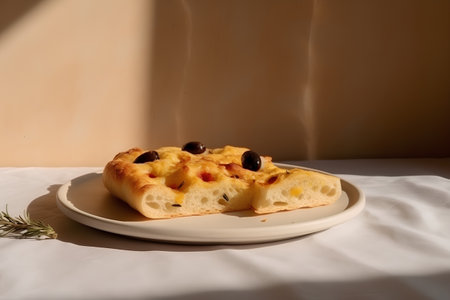 Italian focaccia bread with olives and rosemary on a white plateの素材