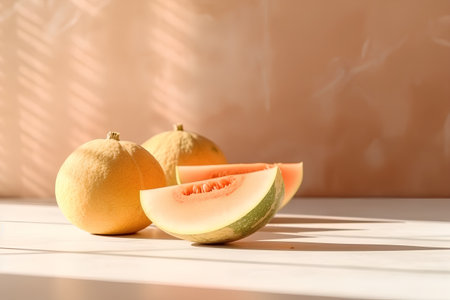 Ripe melons on table in sunlight. Healthy food concept.の素材