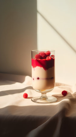 Panna cotta with raspberries in a glass on a light backgroundの素材
