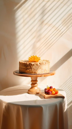 Delicious chocolate cake with cream and berries on a wooden stand on a table in the sunlightの素材