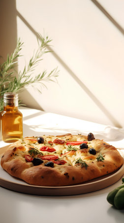 Pizza with tomatoes, olives and herbs on a light backgroundの素材