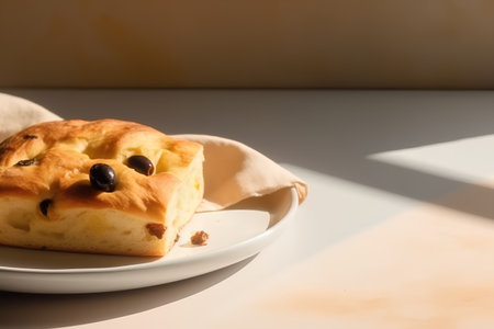 Freshly baked bread with olives and raisins on a plateの素材