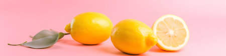 Fresh ripe lemons on a pink background. Citrus fruits with leaves.の素材