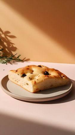 Slice of focaccia bread with raisins on a plate.の素材
