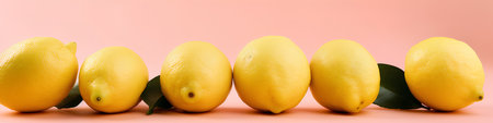 Yellow lemons with green leaves isolated on pink background. Minimal style.の素材