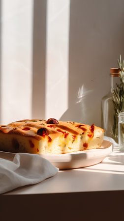 Slice of homemade cottage cheese casserole with raisins and rosemary on white tableの素材