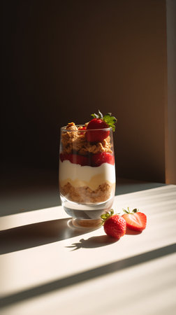 Cereal parfait in a glass with fresh strawberries on a dark backgroundの素材