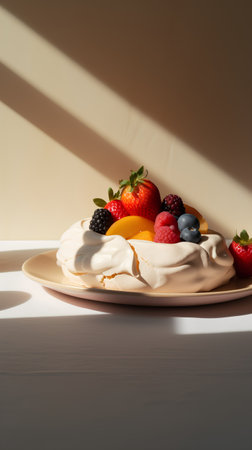Meringue Pavlova with fresh berries on beige backgroundの素材