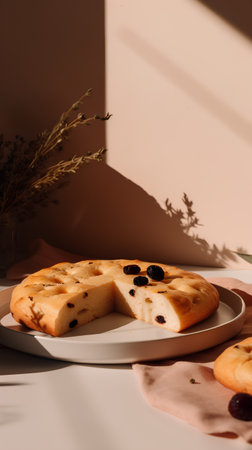 biscuits with raisins on plate on table in sunlightの素材