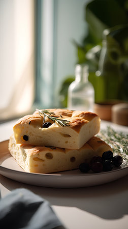 Italian focaccia bread with olives and rosemary on a white plate.の素材