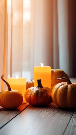 Halloween still life with pumpkins and candles on wooden background.の素材