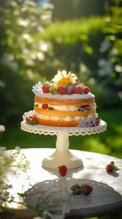 Cake with berries and sunflower on the table in the gardenの素材