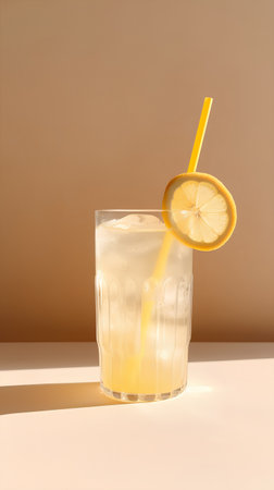 Lemonade in a glass with a straw on a beige backgroundの素材