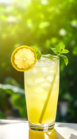 Lemonade with lemon and mint in a glass on the table.の素材