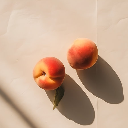 Peaches on a light background. Flat lay, top view.の素材