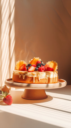 Pancake with fresh berries on wooden stand in sunlight. Copy spaceの素材