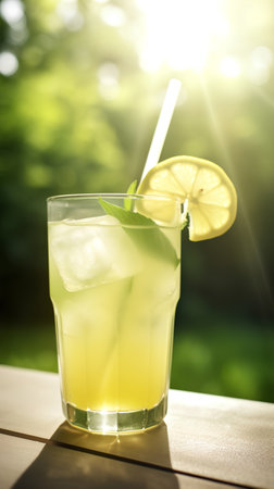 Lemonade with lemon and mint in glass on wooden table outdoorsの素材