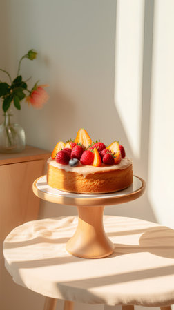 Delicious homemade cake with fresh berries on stand on table in sunlightの素材