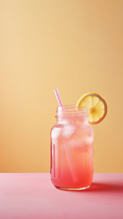 Pink lemonade in a glass jar with a straw on a pink backgroundの素材