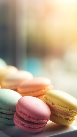 Colorful macaroons on a white plate. Selective focus.の素材
