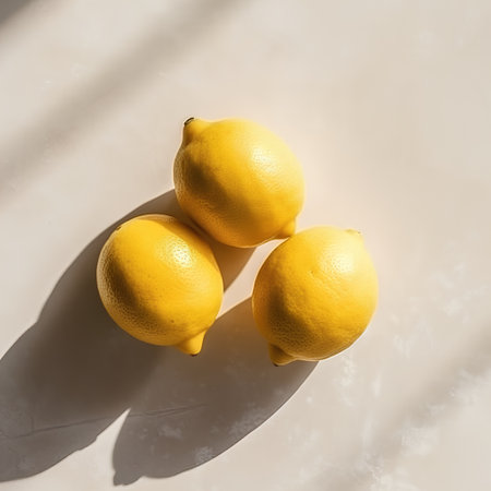 Three lemons on a light background, top view, flat layの素材