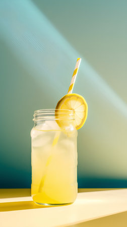 Refreshing lemonade in a glass jar with a straw on a blue backgroundの素材