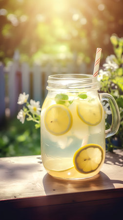 Homemade lemonade with fresh lemon and mint in a jar on a wooden tableの素材
