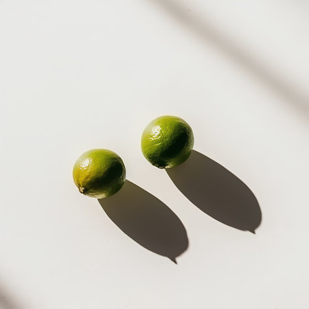 Fresh limes on a white background with shadow from the sun.の素材