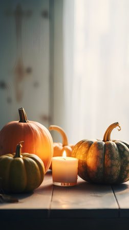Autumn still life with pumpkins and burning candle. Selective focus.の素材