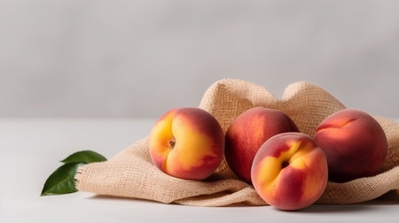 Fresh peaches with leaves on a light background. Selective focus.の素材