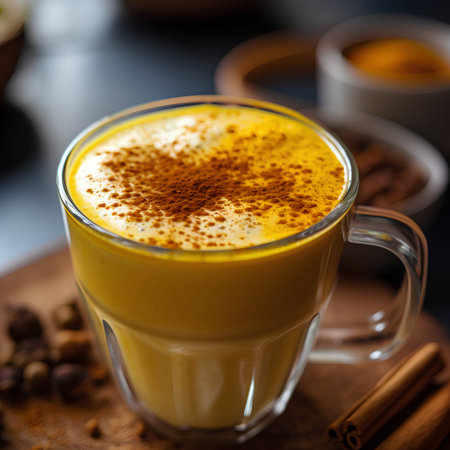 Traditional turmeric latte with cinnamon in a glass cup on a dark background.の素材