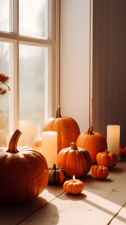 Halloween pumpkins with burning candles on windowsill. Cozy autumn still lifeの素材