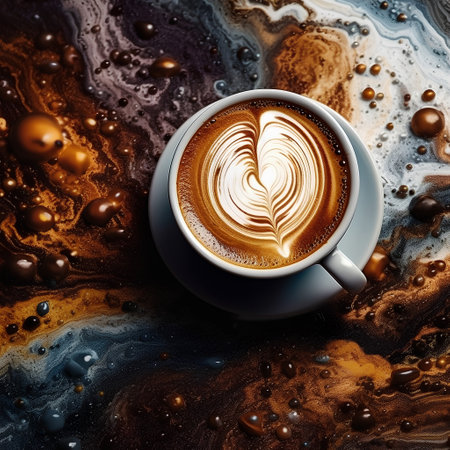 Cup of cappuccino with latte art on abstract backgroundの素材