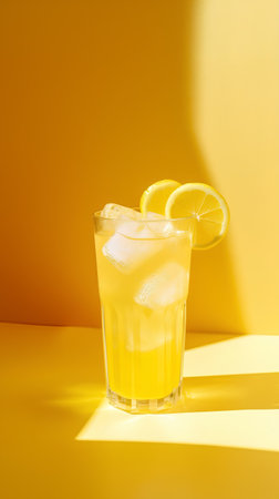 Glass of lemonade with ice cubes and lemon slice on yellow backgroundの素材