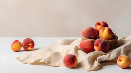 Fresh peaches in a basket on a white table with linen clothの素材