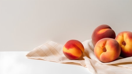 Peaches on a white table with a linen cloth, copy spaceの素材