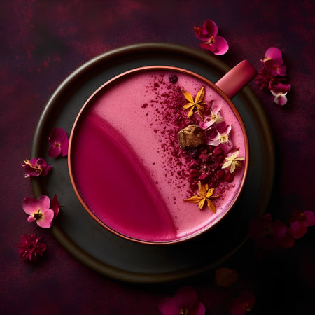 Cup of coffee with rose petals and cinnamon on dark backgroundの素材